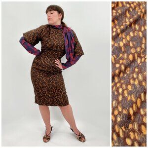 Vintage 50s Brown Printed Belted Sheath Wiggle Bombshell Dress S/M